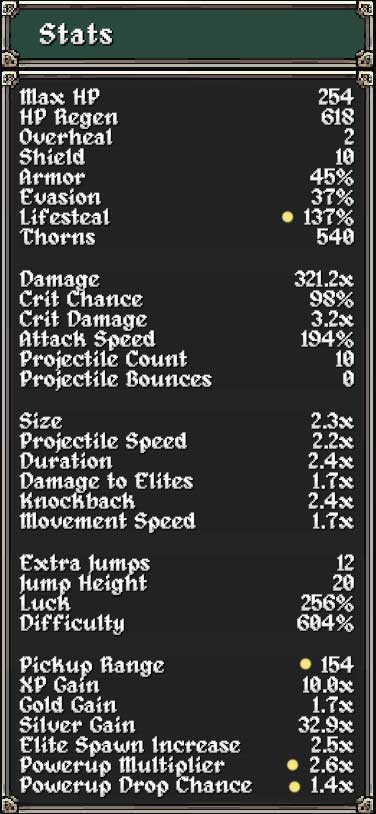 Chaos Tome run stats — high XP gain, size, and lifesteal shown mid-run