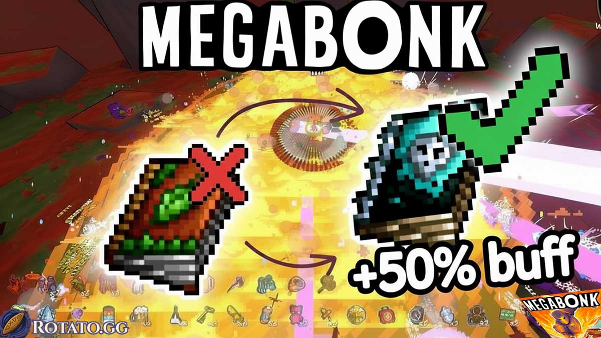 Chaos Tome in MegaBonk with stat effects swirling around — showcasing the latest 50% buff in the new meta update