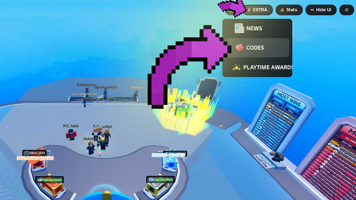Blade Ball in-game screen showing where to enter codes